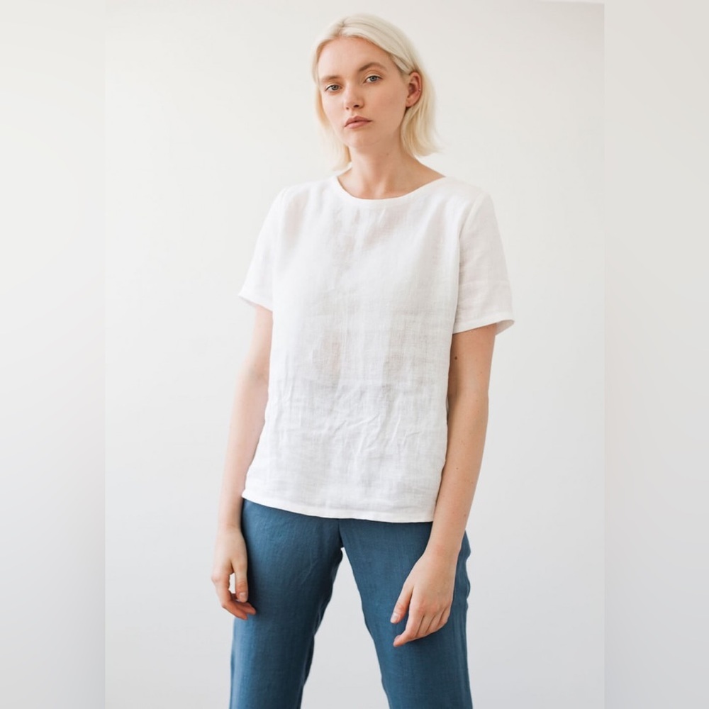 NWT Linen Handmade Studio Yuna Short Sleeves Top in Beige - Picture 4 of 4
